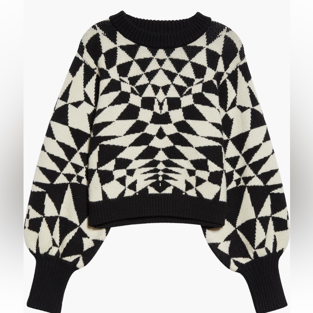FARM Rio Heart Deco Jacquard Balloon Sleeve Sweater Sz Small